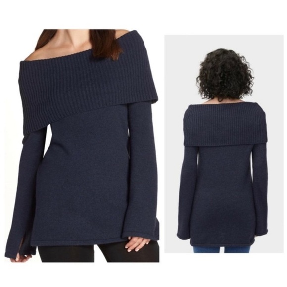 UGG Rhodyn Off Shoulder Long Sleeve Sweater Navy blue medium knit tunic wool M - Picture 1 of 13